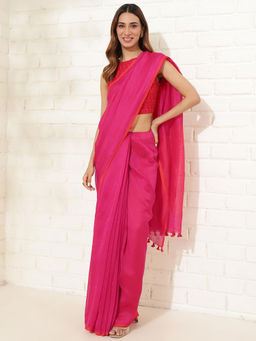 Fabindia - Pink Linen Blend Woven Saree without Blouse