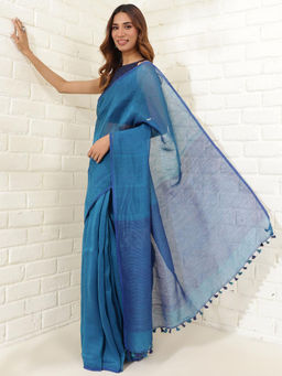 Fabindia - Teal Linen Blend Woven Saree without Blouse