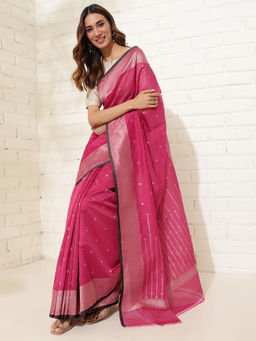Fabindia - Pink Cotton Silk Blend Woven Saree without Blouse