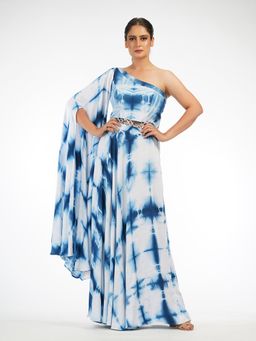 Shruti S - Blue Shibori One Shoulder Drape Dress