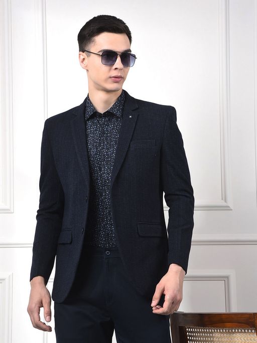 CRIMSOUNE CLUB Vertical Stripes Notched Lapel Single-Breasted Navy Blue Blazer