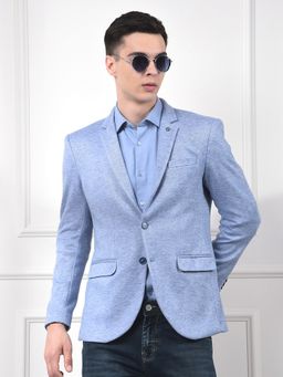 CRIMSOUNE CLUB - Men Jacquard Notched Lapel Single-Breasted Blue Blazer