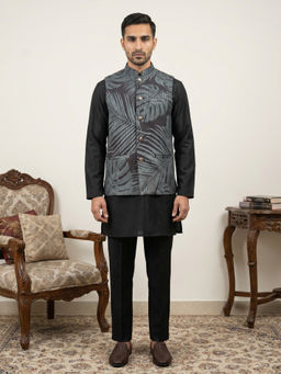 Jompers - Men Black-Grey Printed Kurta with Pyjama and Nehru Jacket
