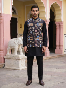 Jompers - Men Black Floral Printed Kurta with Pyjama and Nehru Jacket