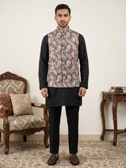 Jompers - Men Black Paisley Woven Kurta with Pyjama and Nehru Jacket
