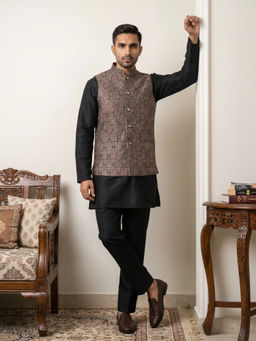 Jompers - Men Black Floral Woven Kurta with Pyjama and Nehru Jacket
