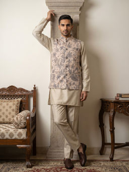 Jompers - Men Beige Printed Kurta with Pyjama and Nehru Jacket