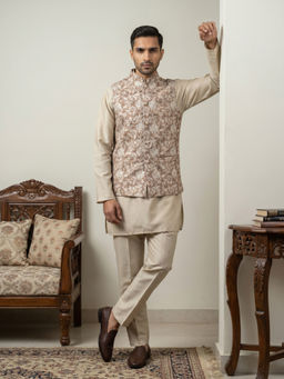 Jompers - Men Beige Floral Printed Kurta with Pyjama and Nehru Jacket