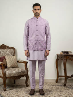 Jompers - Men Lavender Printed Embroidered Kurta with Pyjama and Nehru Jacket