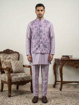 Jompers - Men Lavender Printed Kurta with Pyjama and Nehru Jacket