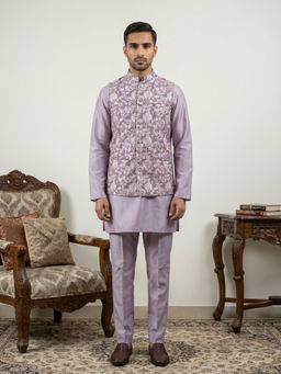 Jompers - Men Lavender Floral Printed Kurta with Pyjama and Nehru Jacket