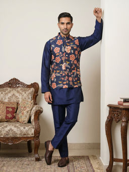 Jompers - Men Navy Blue Floral Printed Kurta with Pyjama and Nehru Jacket
