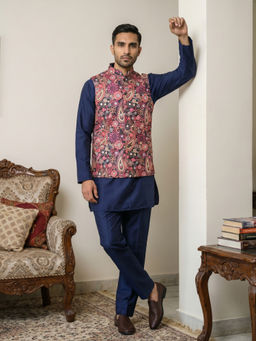 Jompers - Men Navy Blue Paisley Printed Kurta with Pyjama and Nehru Jacket
