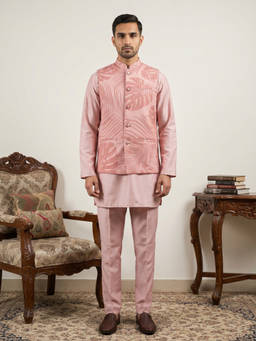 Jompers - Men Peach Printed Kurta with Pyjama and Nehru Jacket