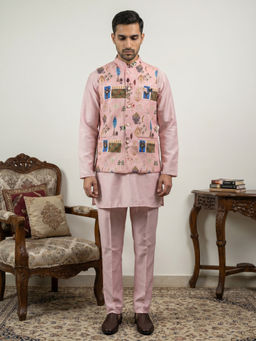 Jompers - Men Pink Floral Printed Kurta with Pyjama and Nehru Jacket