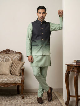 Jompers - Men Green-Black Ombre Kurta with Pyjama and Nehru Jacket