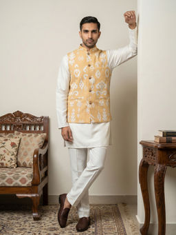 Jompers - Men Off White-Yellow Ikat Printed Kurta with Pyjama and Nehru Jacket