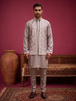 Jompers - Men Mauve Silk Blend Embroidered Kurta with Pyjama and Nehru Jacket