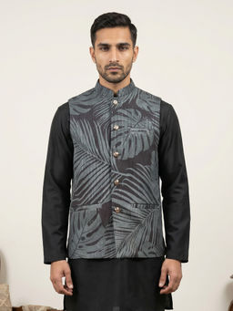 Jompers - Men Grey Cotton Blend Printed Thread Work Nehru Jacket