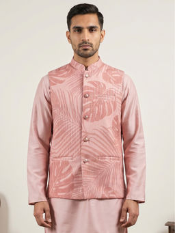 Jompers - Men Peach Cotton Blend Printed Thread Work Nehru Jacket