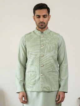 Jompers - Men Green Cotton Blend Printed Thread Work Nehru Jacket