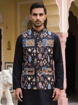 Jompers - Men Black Cotton Blend Printed Nehru Jacket