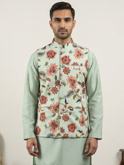 Jompers - Men Green Cotton Blend Floral Printed Nehru Jacket