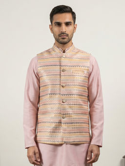 Jompers - Men Peach Cotton Blend Traditional Woven Nehru Jacket
