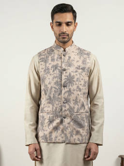 Jompers - Men Beige Tropical Printed Cotton Blend Nehru Jacket