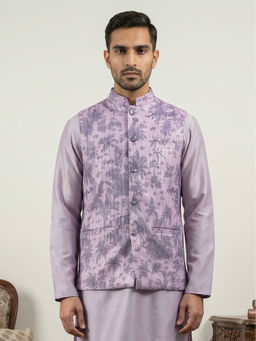Jompers - Men Lavender Tropical Printed Cotton Blend Nehru Jacket