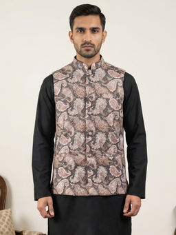 Jompers - Men Black Paisley Printed Cotton Blend Nehru Jacket