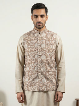 Jompers - Men Beige Floral Printed Cotton Blend Nehru Jacket