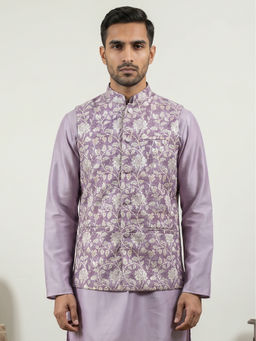 Jompers - Men Lavender Floral Printed Cotton Blend Nehru Jacket