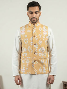 Jompers - Men Yellow Ikat Printed Cotton Blend Nehru Jacket