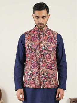 Jompers - Men Multi-Color Paisley Floral Printed Cotton Blend Nehru Jacket