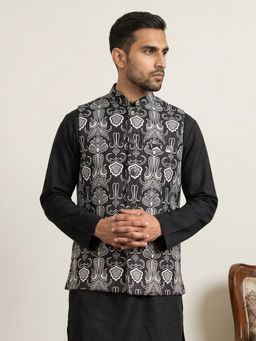 Jompers - Men Black Geometric Motif Printed Cotton Blend Nehru Jacket