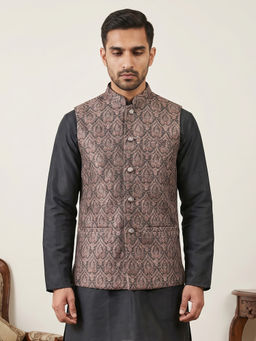 Jompers - Men Brown Traditional Woven Cotton Blend Nehru Jacket