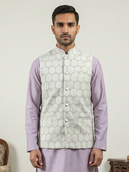 Jompers - Men Off White Floral Embroidered Cotton Blend Nehru Jacket