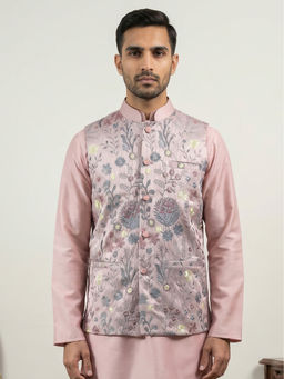 Jompers - Men Pink Floral Embroidered Nehru Jacket