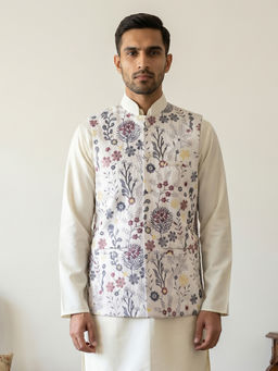 Jompers - Men White Floral Embroidered Nehru Jacket