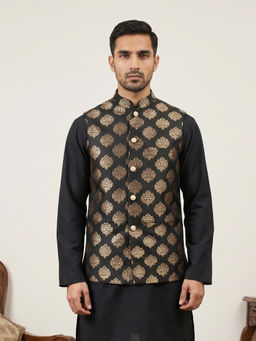 Jompers - Men Black Silk Blend Traditional Printed Nehru Jacket