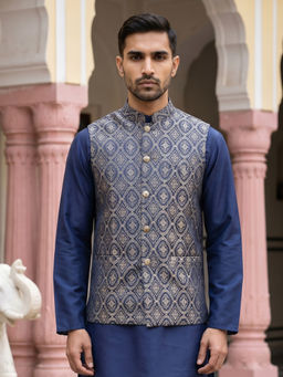 Jompers - Men Navy Blue Silk Blend Woven Nehru Jacket