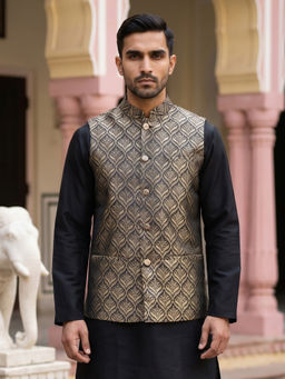 Jompers - Men Gold Woven Silk Blend Nehru Jacket