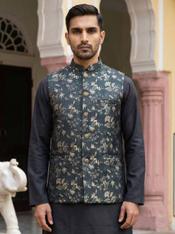 Jompers - Men Dark Teal Woven Embroidered Silk Blend Nehru Jacket