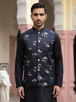 Jompers - Men Navy Blue Floral Embossed Design Nehru Jacket