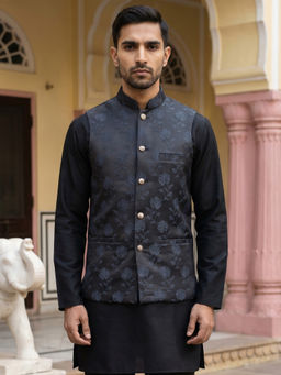 Jompers - Men Navy Blue Floral Embroidered Nehru Jacket