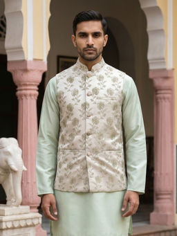 Jompers - Men Off White Floral Embroidered Nehru Jacket