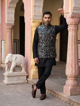 Jompers - Men Black-Teal Woven Embroidered Kurta with Pyjama and Nehru Jacket