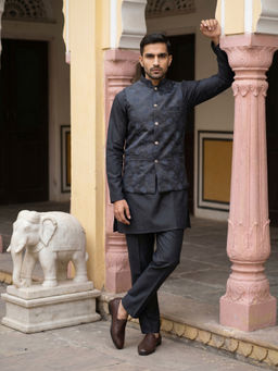 Jompers - Men Charcoal Floral Embroidered Kurta with Pyjama and Nehru Jacket