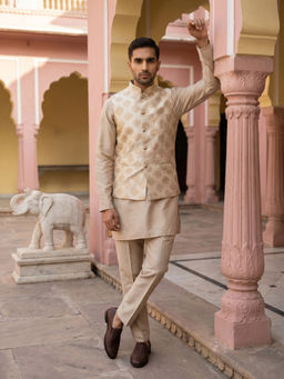 Jompers - Men Cream Floral Woven Kurta with Pyjama and Nehru Jacket